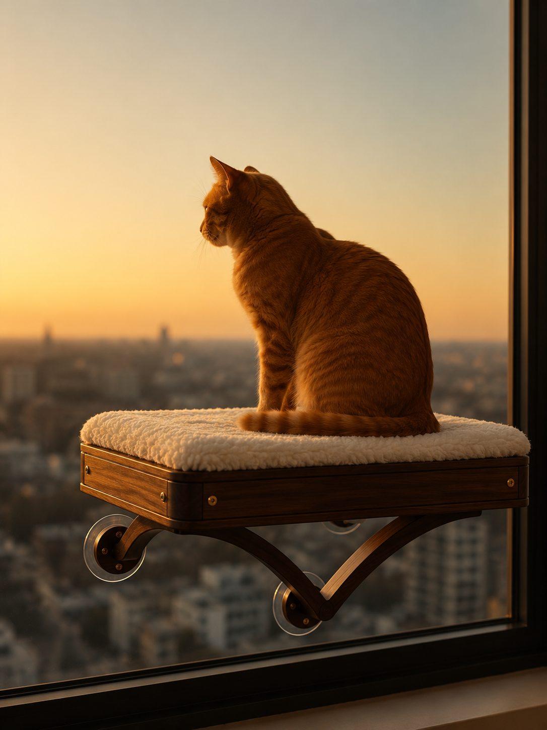 Cat on perch silhouetted against the city at sunset