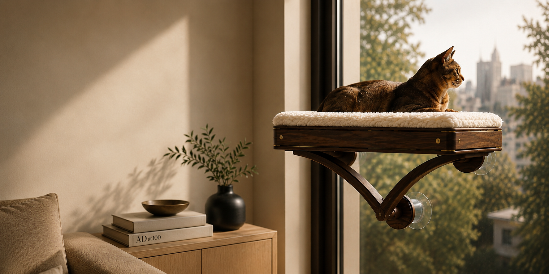 URMA — Furniture for cats. Designed for humans. A cat resting on the URMA Perch by a sunlit window.