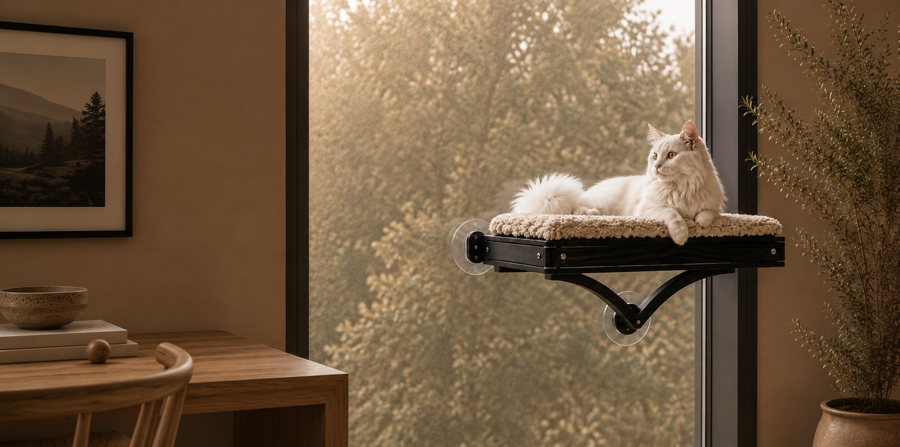 URMA — Furniture for cats. Designed for humans. A cat resting on the URMA Perch by a sunlit window.