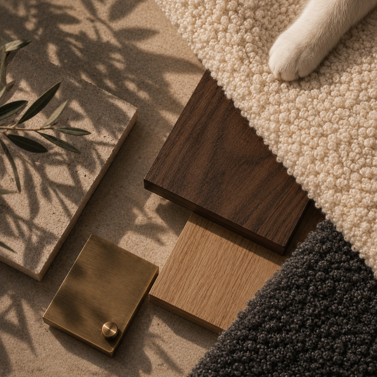 Natural wood, brass and shearling materials used in the URMA Perch