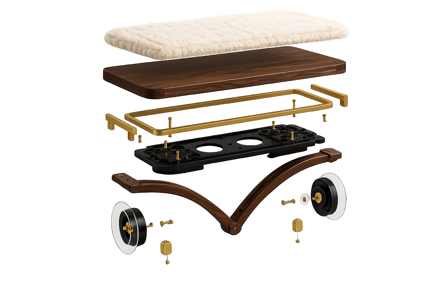Walnut perch detail with brushed brass vacuum mount