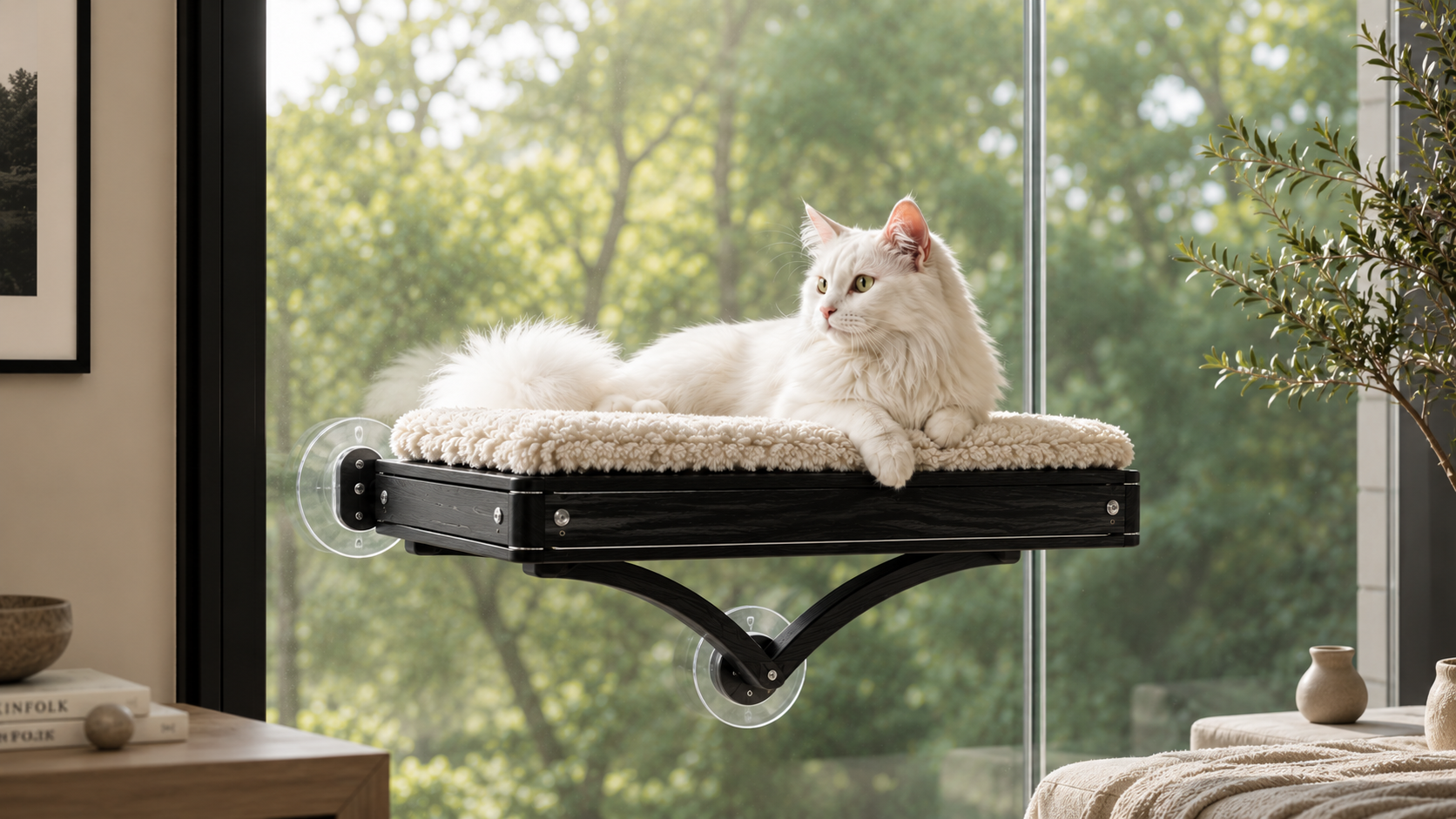 URMA black oak perch with a white cat resting by the window