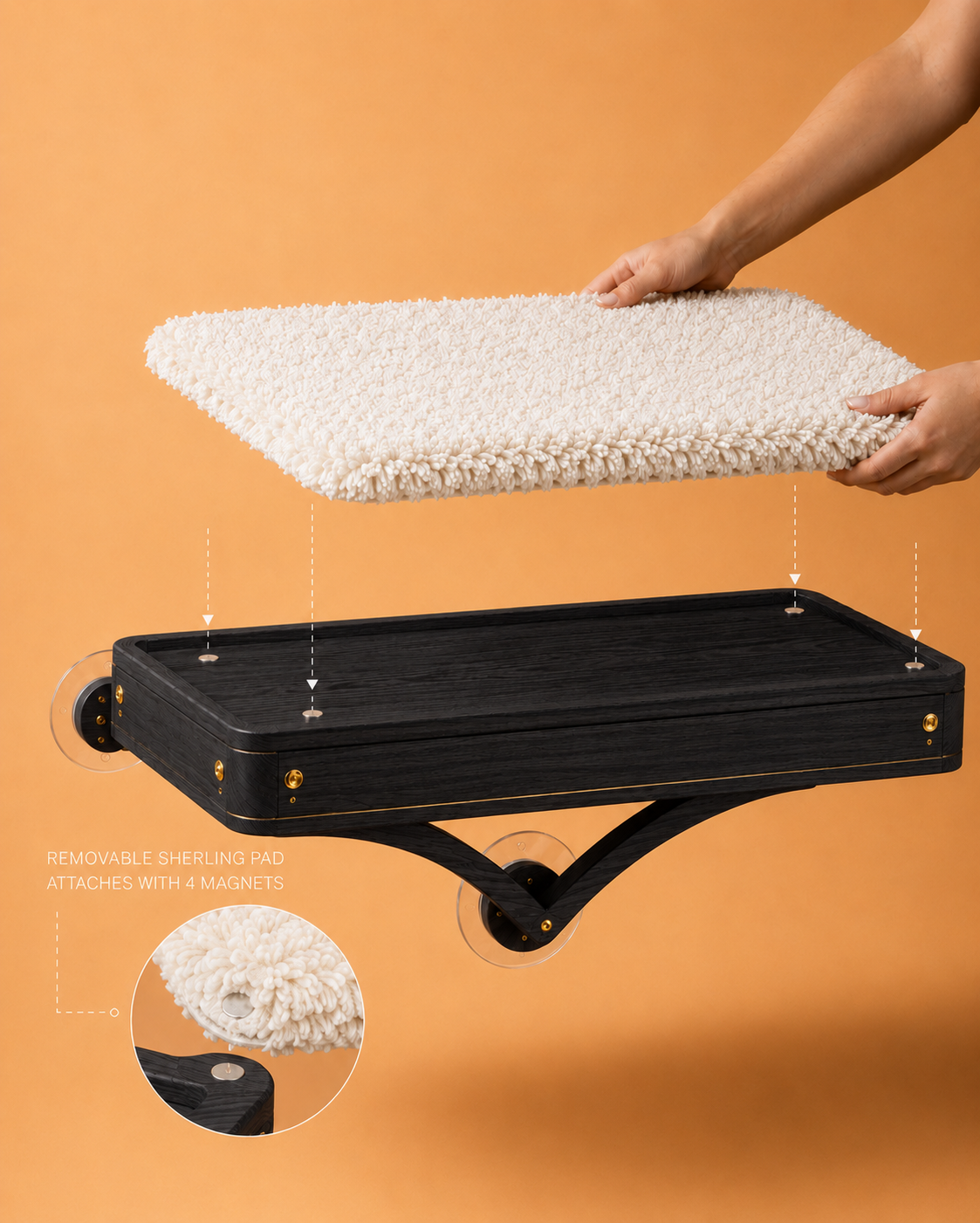 URMA Perch exploded view showing removable sherling pad attached with 4 magnets