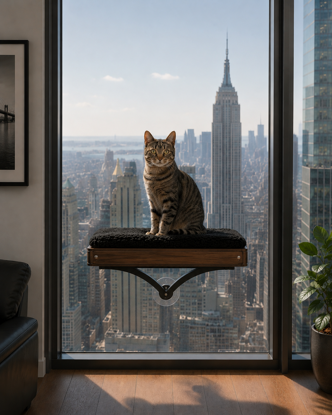 URMA Perch with a tabby cat overlooking the New York City skyline