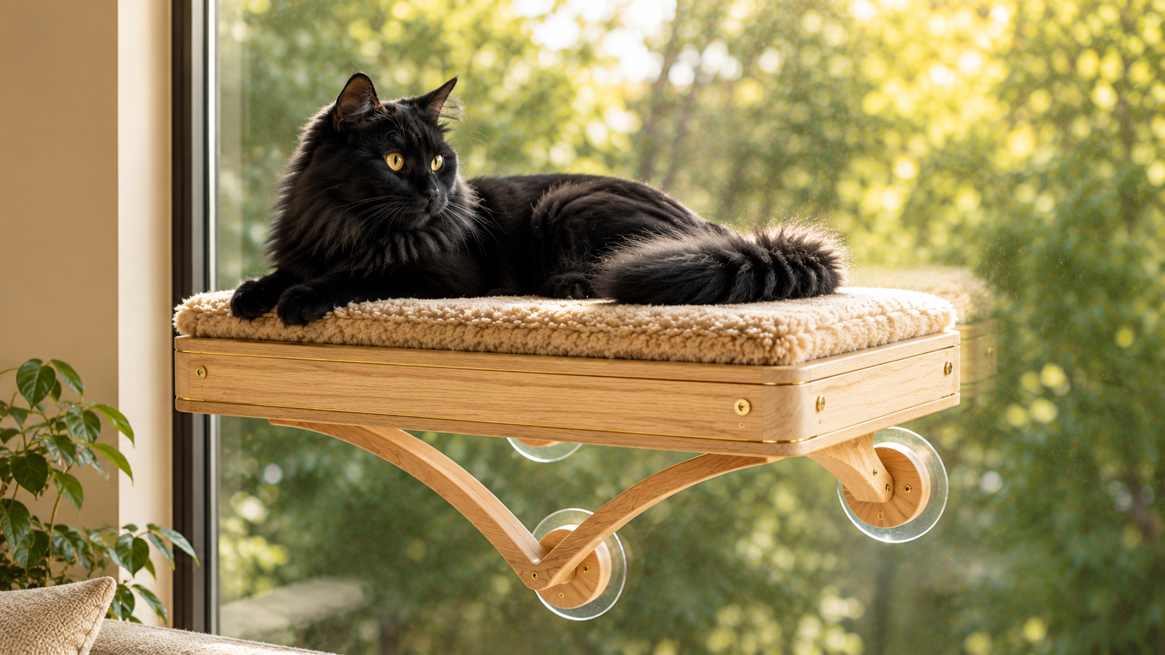 Black cat resting on a white oak Urma perch mounted to a sunlit window
